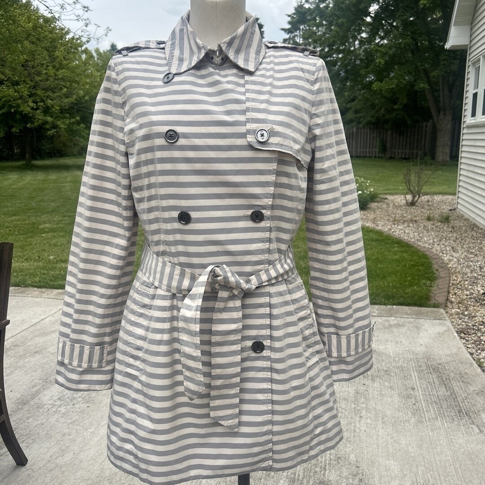 Banana Republic Womens Striped Trench Coat Blue White Double Breasted Jacket M